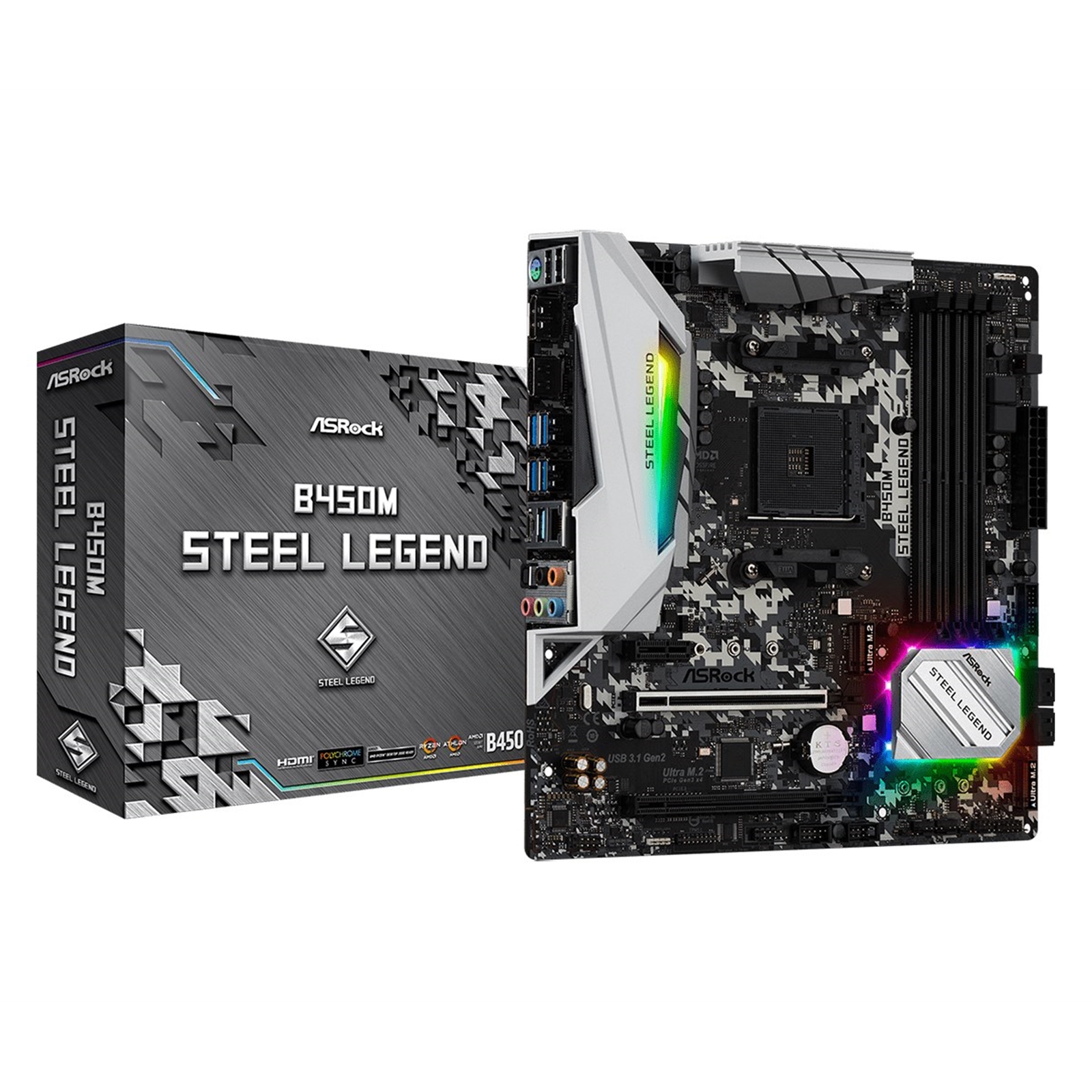 asrock steel legend 0 ASRock B450M Steel Legend AMD Socket AM4 Micro ATX HDMI/DIsplayPort DDR4 M.2 USB C 3.1 Motherboard - Image 1