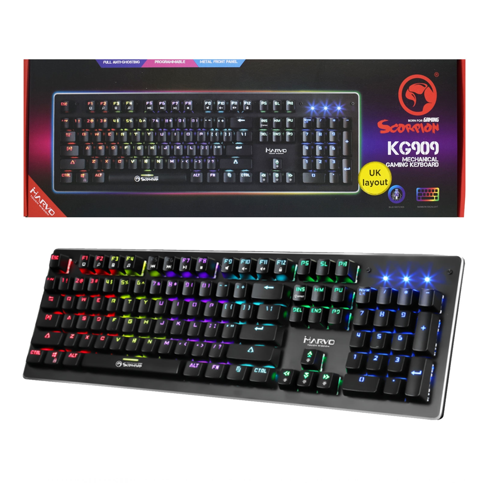 KEMAR-KG909-UK Marvo Scorpion KG909 RGB LED Full Size Mechanical Gaming Keyboard - Image 1
