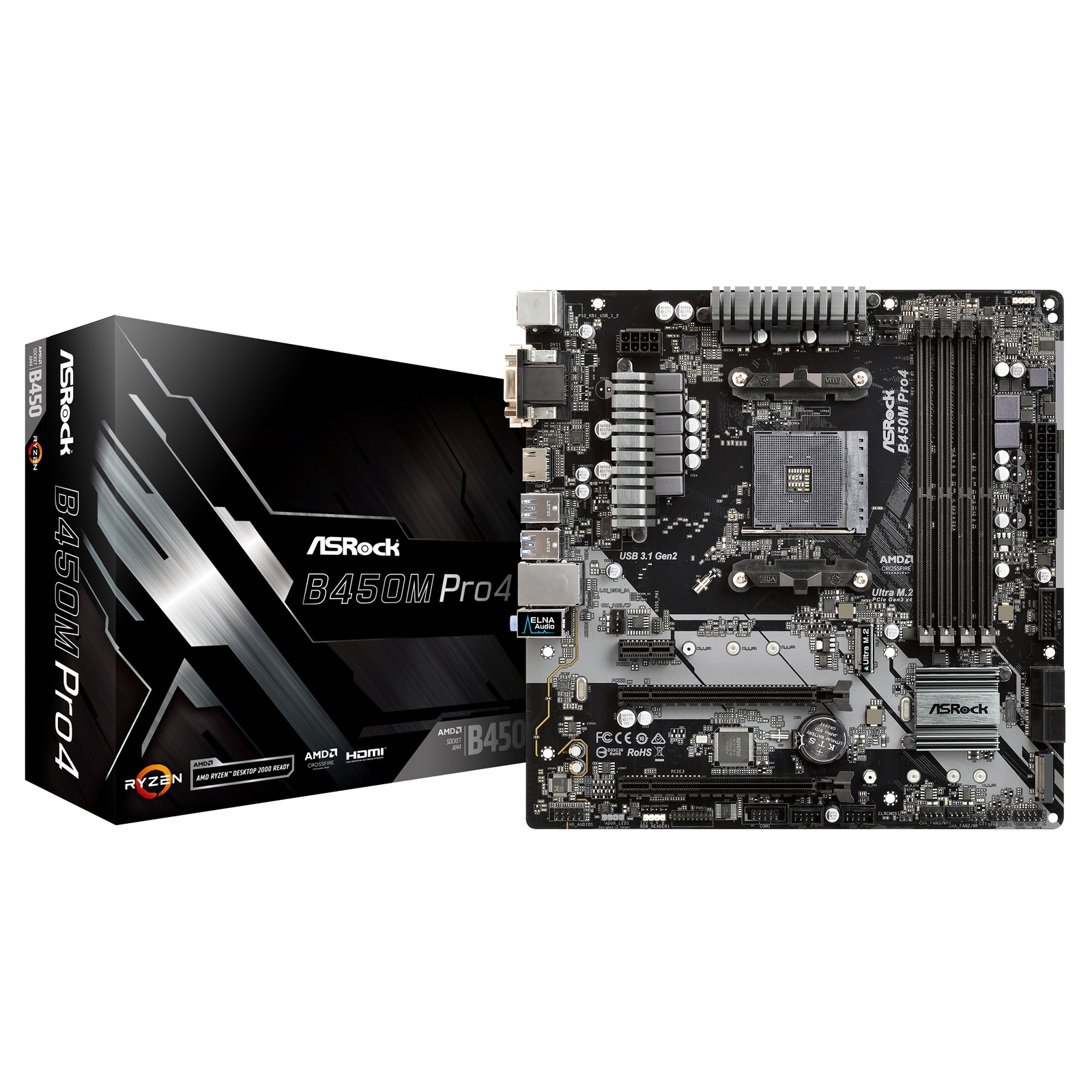 MBASR-B450M-PRO4 ASRock B450M Pro4 AMD Socket AM4 Micro ATX VGA/DVI-D/HDMI DDR4 USB C 3.1 Motherboard - Image 1