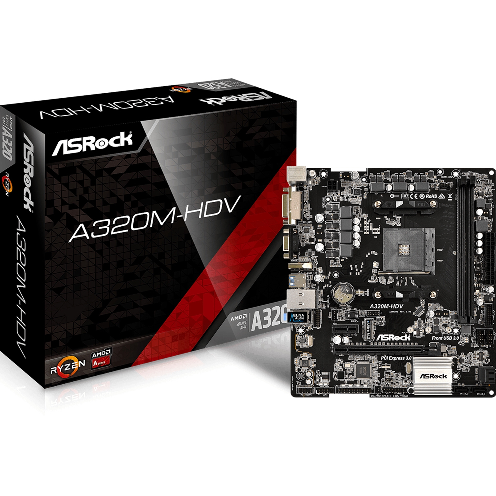 MBASR-A320M-HDV ASRock A320M-HDV R4.0 AMD Socket AM4 Ryzen Micro ATX DDR4 D-Sub/DVI-D/HDMI Ultra M.2 USB 3.1 Motherboard - Image 1