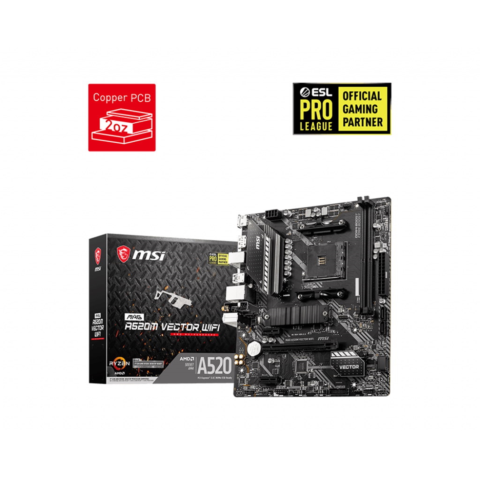 MBMSI-A520MVW MSI MAG A520M VECTOR WIFI AMD Socket AM4 Micro ATX HDMI/DisplayPort USB 3.2 Gen1 M.2 WiFi Motherbaord - Image 1