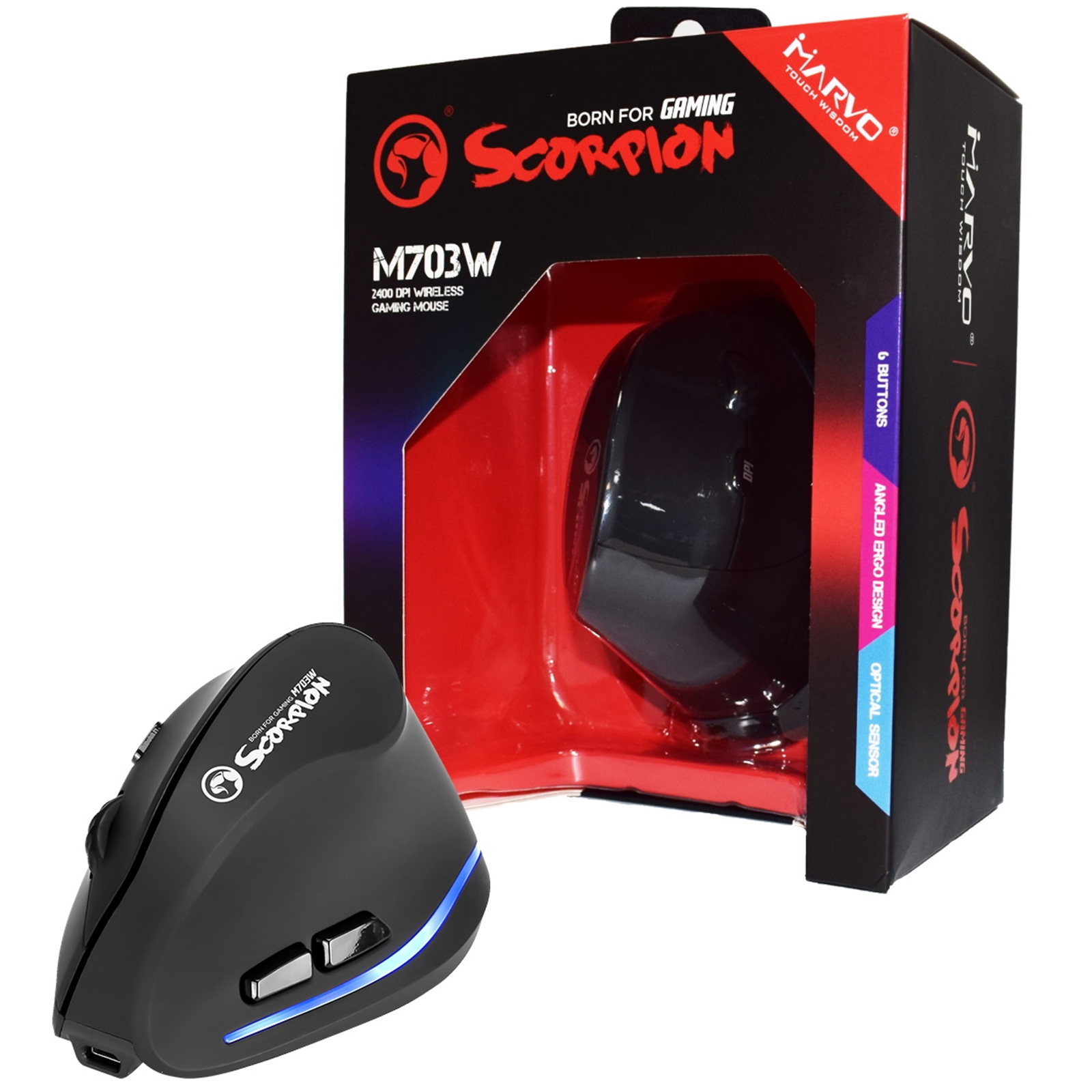 MIMAR-M703W Marvo Scorpion M703W Wireless Blue LED Black Right-Handed Ergonomic Rechargeable Gaming Mouse - Image 1