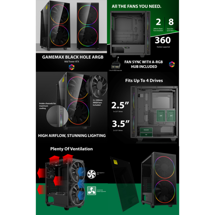 GameMax Black Hole ARGB Gaming Case 2x 20cm 1x 12cm ARGB Fans 1x ARGB Hub - Image 10