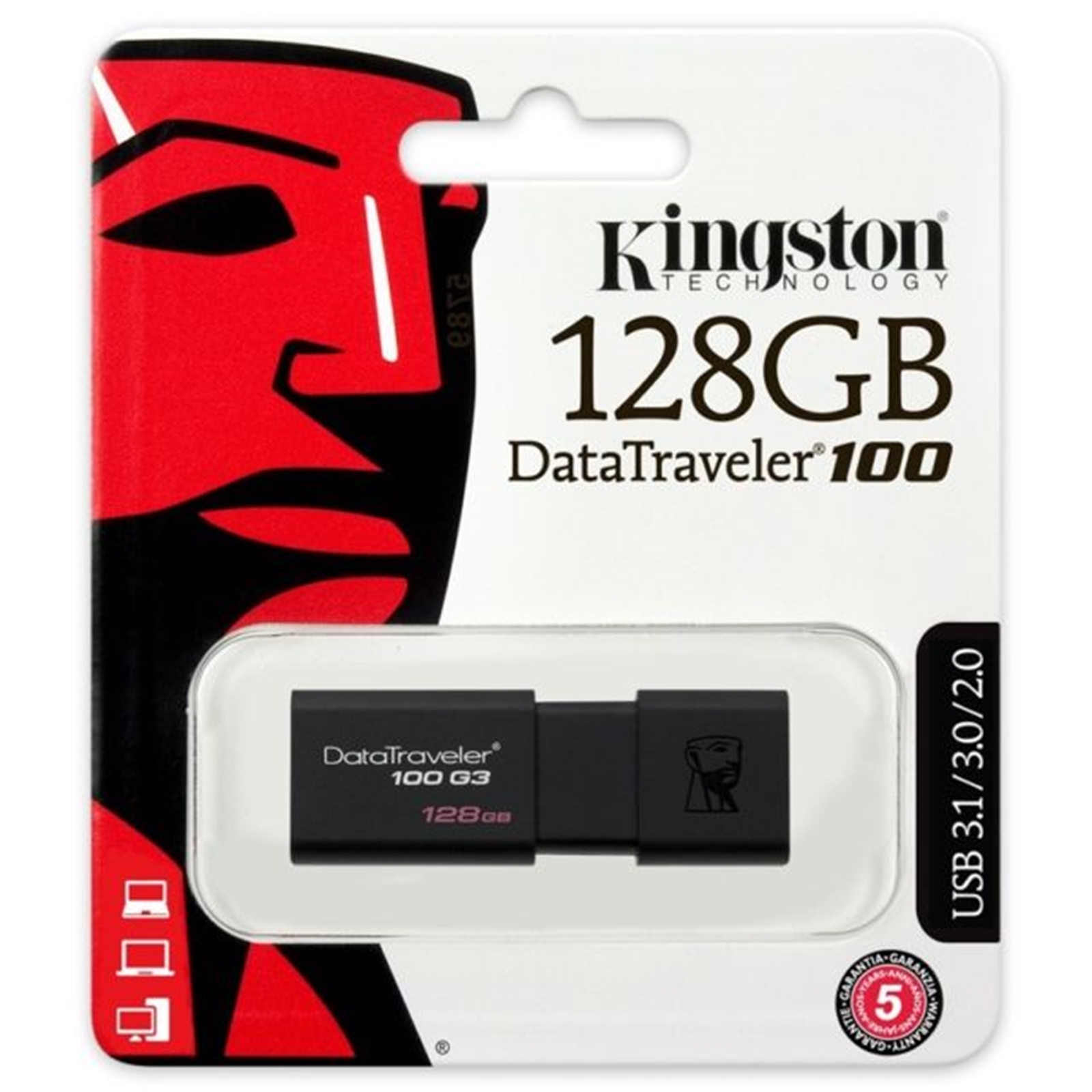 131830 Kingston DataTraveler 100 G3 128GB USB 3.0 Black USB Flash Drive - Image 1