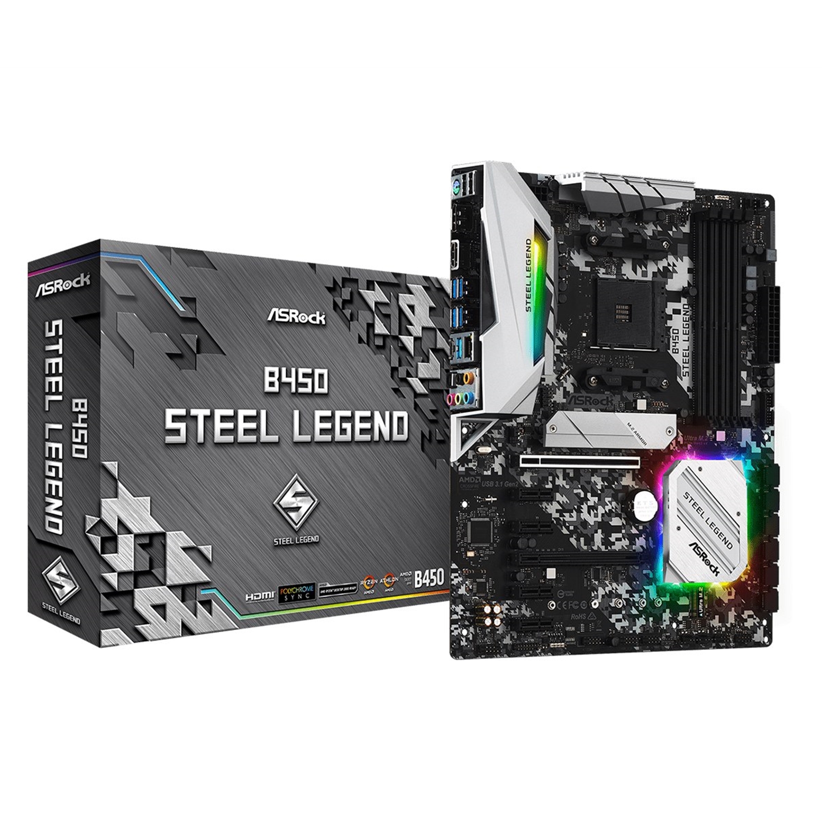 MBASR-B450SL ASRock B450 Steel Legend AMD Socket AM4 ATX HDMI/DisplayPort M.2 DDR4 RGB USB C 3.1 Motherboard - Image 1