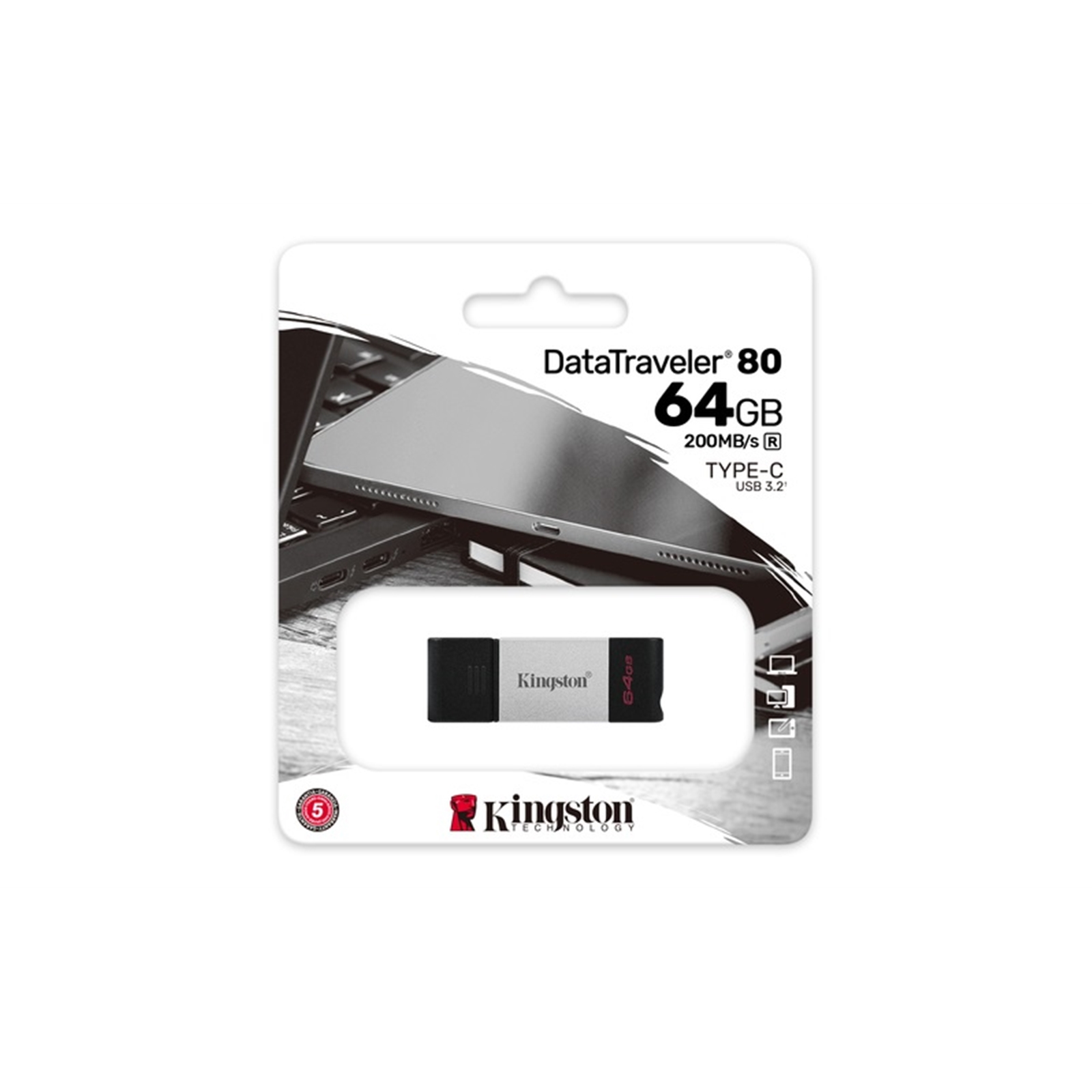 146475 Kingston DataTraveler 80 64GB USB 3.2 USB-C Metal Grey / Black USB Flash Drive - Image 1