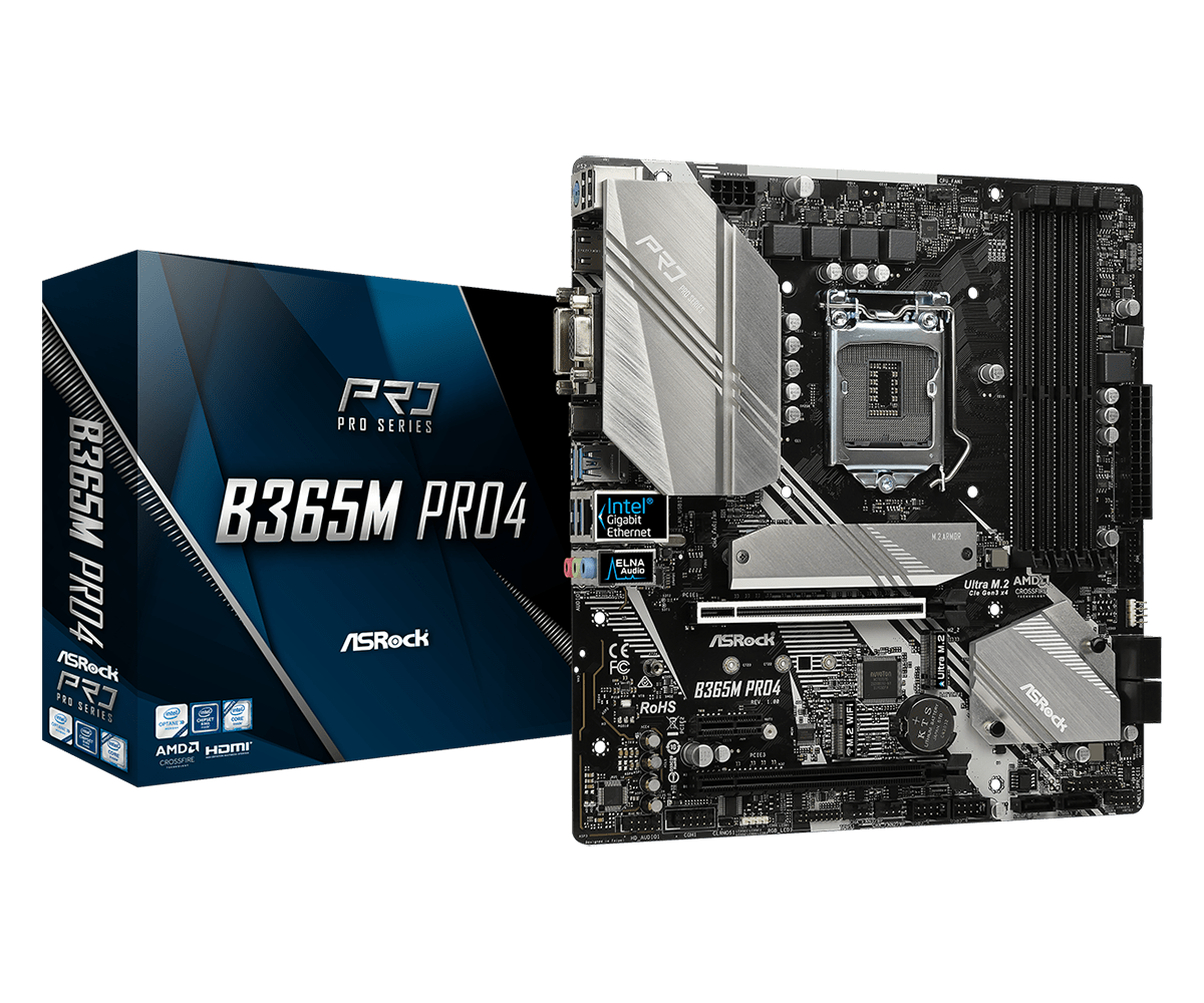 B365M Pro4(L1) Asrock B365M PRO4, Intel B365, 1151, Micro ATX, 4 DDR4, CrossFire, VGA, DVI, HDMI, M.2, RGB Lighting - Image 1