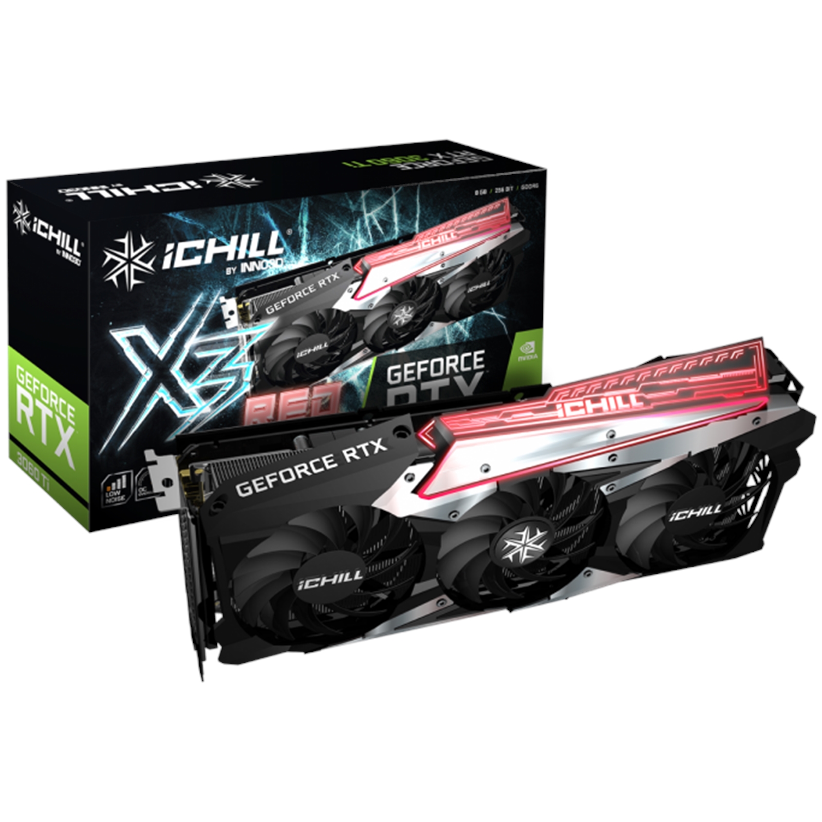 GRINN-C306T3D6X Inno3D Nvidia GeForce RTX 3060 TI ICHILL X3 RED (LHR) 8GB Triple Fan Graphics Card - Image 1