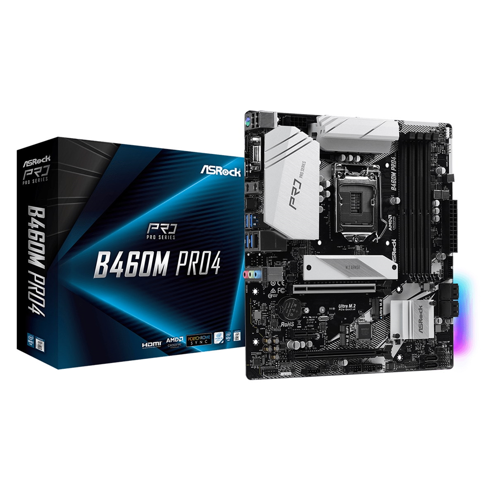 MBASR-B460MPRO4 ASRock B460M Pro4 Intel Socket 1200 10th Gen Micro ATX HDMI/VGA/DisplayPort Dual M.2 USB C RGB Motherboard - Image 1