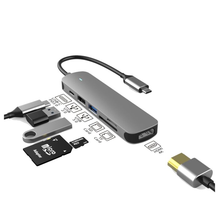 Prevo C605A USB Type-C 6-In-1 Hub with HDMI, SD and TF Card Reader, USB 2.0, USB 3.0, USB-C - Image 2