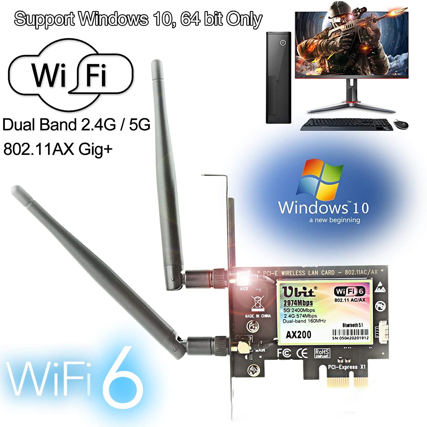 71tSDTv+DyL._AC_SL1500_ WiFi 6 Card for PCIe Up to 3000Mbps with BT 5.1 Intel AX200 Chip 802.11AX Dual-Band - Image 1