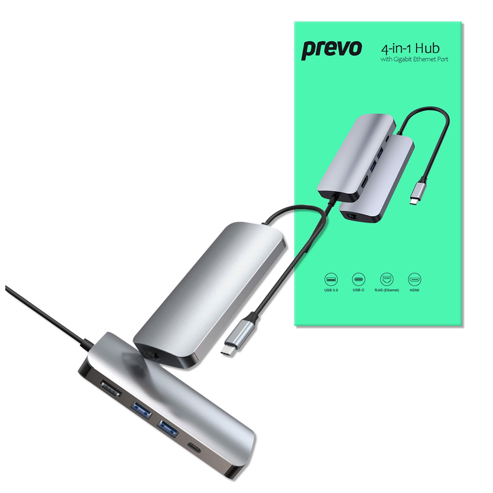 CRTAR-501R Prevo C501R USB Type-C 4-In-1 Hub with USB Type-C, USB 3.0 x2, 4K HDMI, RJ45 Gigabit Ethernet, Silver Metal Finish - Image 1