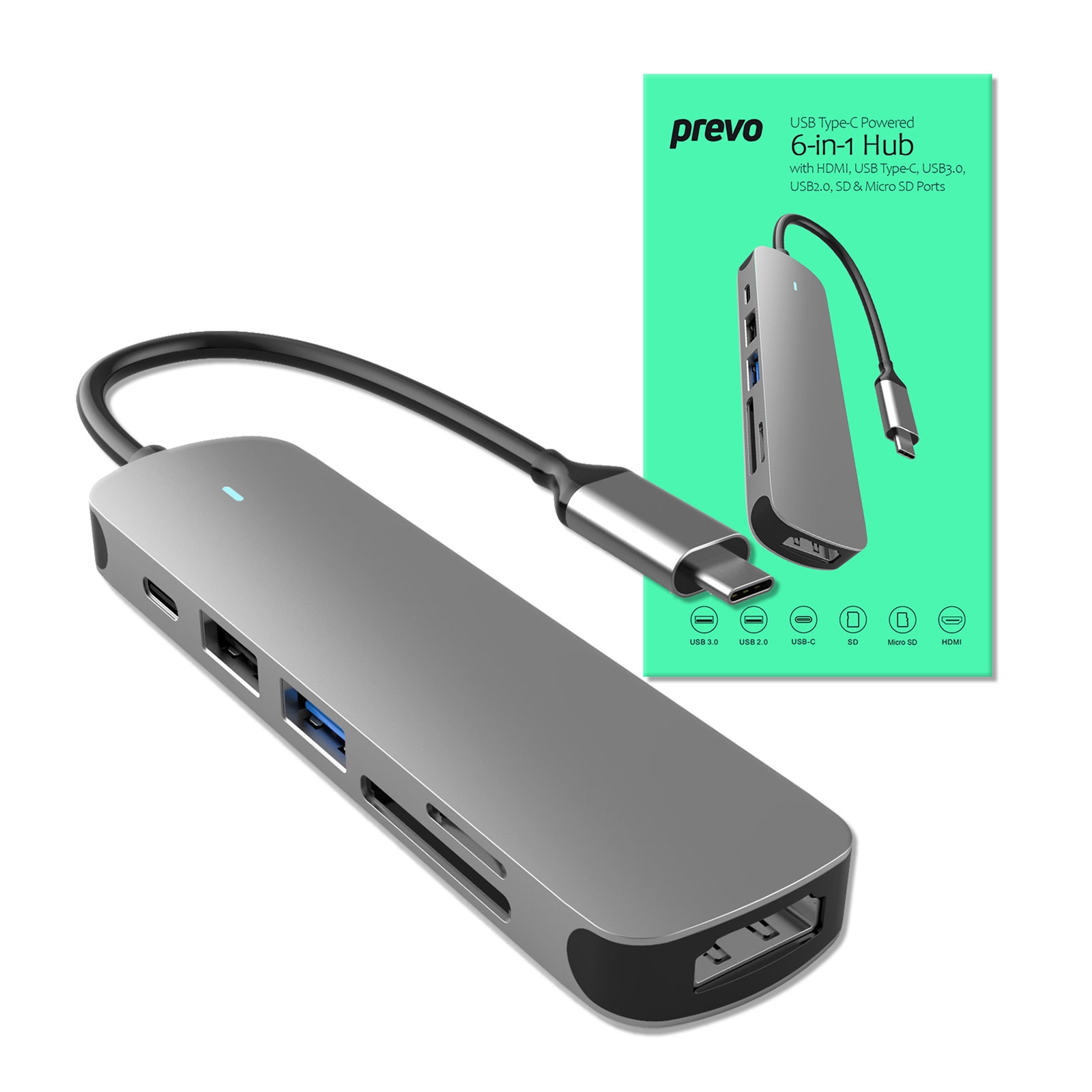 CRTAR-C605A Prevo C605A USB Type-C 6-In-1 Hub with HDMI, SD and TF Card Reader, USB 2.0, USB 3.0, USB-C - Image 1