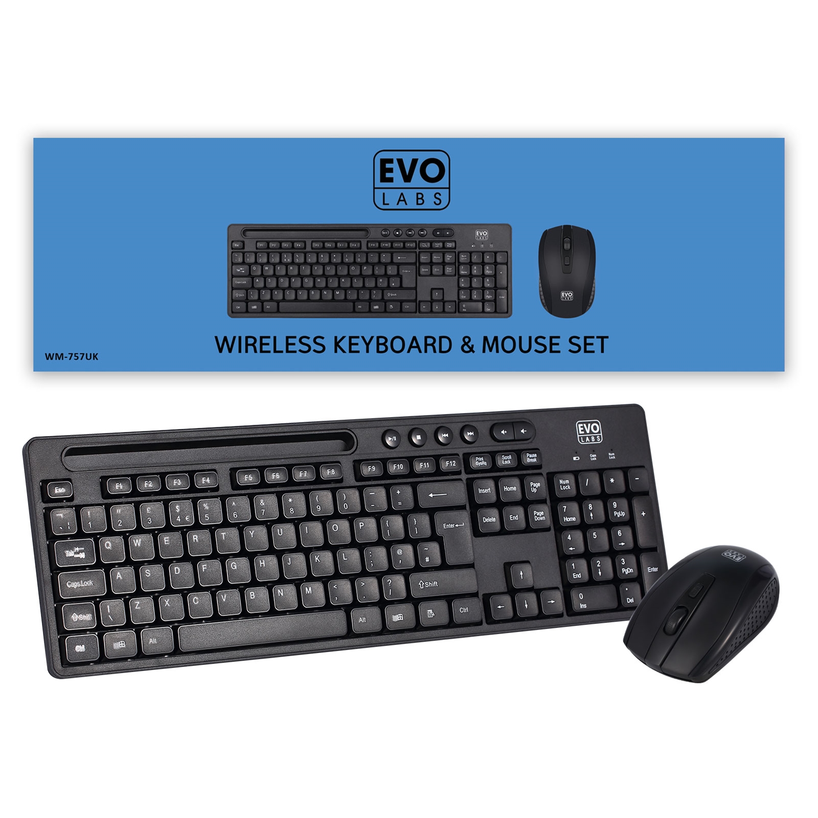 KEEVO-WM757UK Evo Labs WM-757UK Wireless Keyboard and Mouse Combo Set, 2.4GHz Full Size Qwerty UK Ideal for Home/Office - Image 1