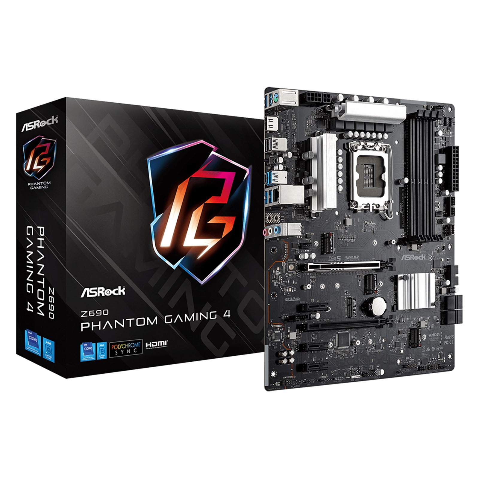 MBASR-Z690PG4 ASRock Z690 Phantom Gaming 4 Motherboard, Intel Socket 1700, 12th Gen, 1x PCIe 5.0 x16, 1x PCIe 4.0 x16, 1x PCIe 3.0 x1, ATX, USB 3.2 Gen2x2 Type-C, - Image 1