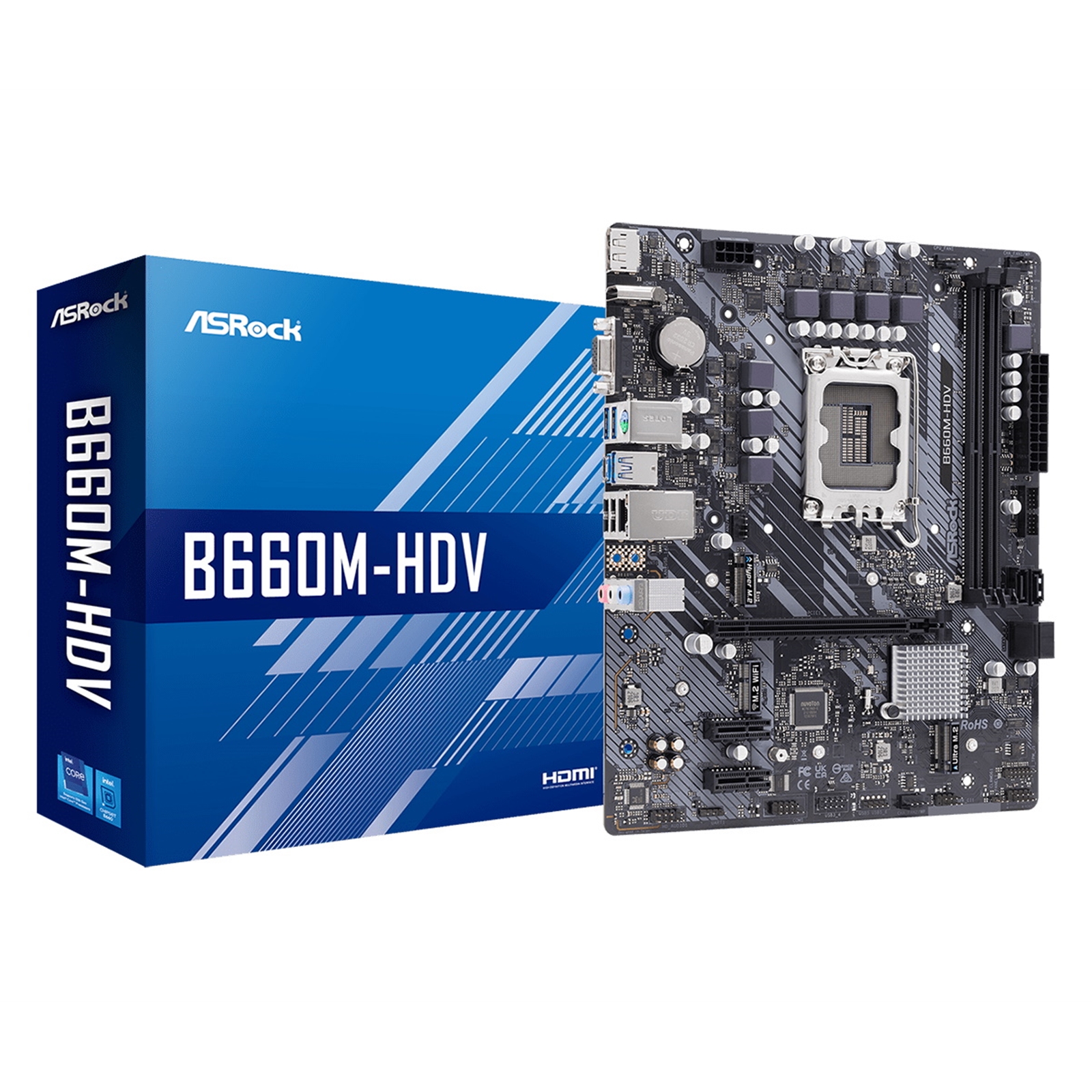 MBASR-B660MHDV ASRock B660M-HDV Motherboard, Intel Socket 1700, 12th Gen, DDR4, Micro ATX - Image 1