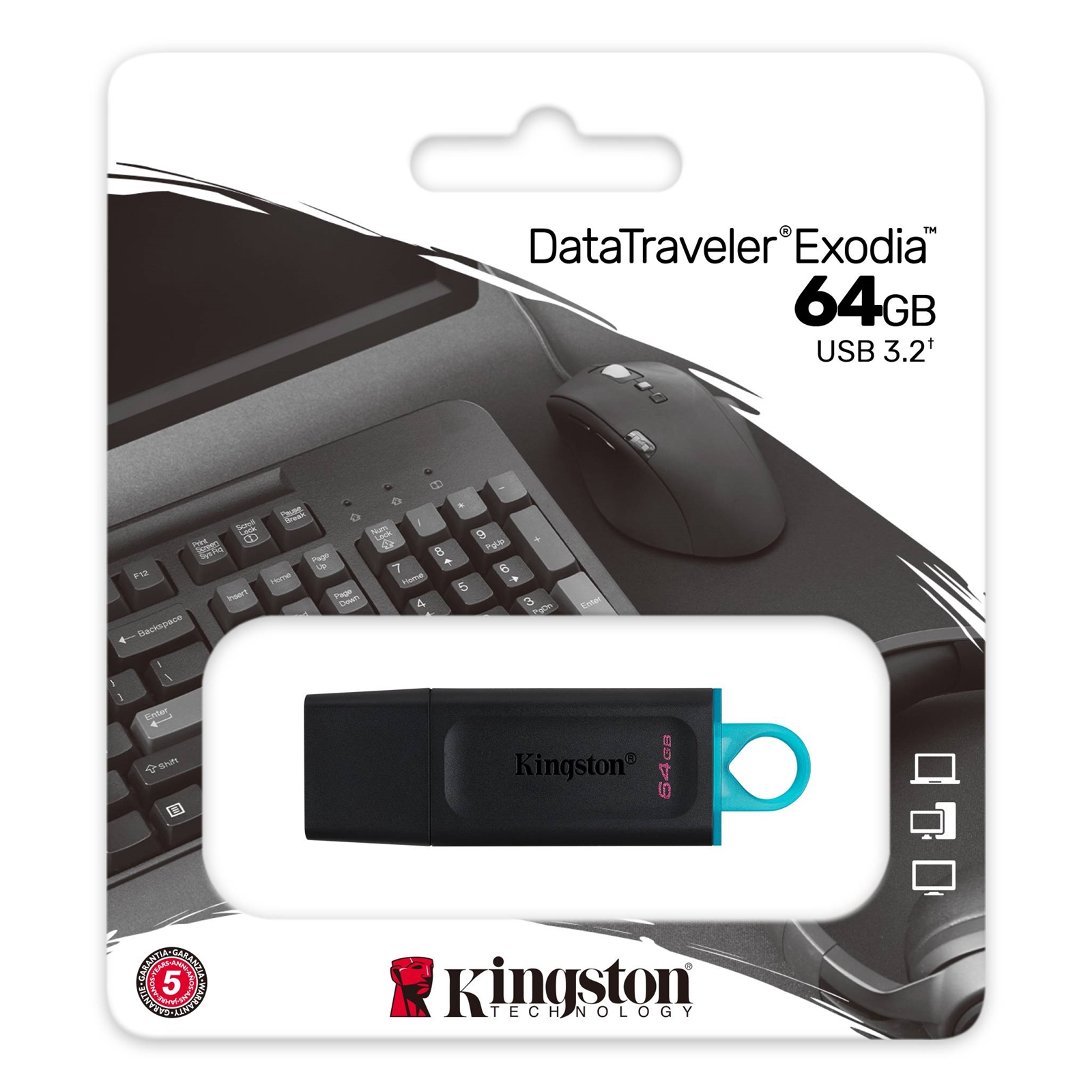 161297 Kingston DataTraveler Exodia 64GB USB 3.2 Blk/Cyan USB Flash Drive - Image 1