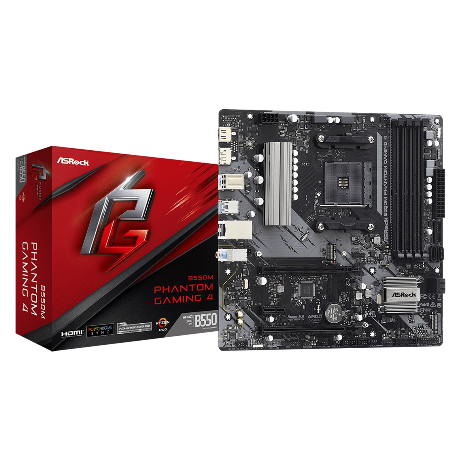 MBASR-B550MPG4 ASRock B550M Phantom Gaming 4 AMD Socket AM4 HDMI/DIsplayPort Micro ATX USB 3.2 Gen1 Motherboard - Image 1