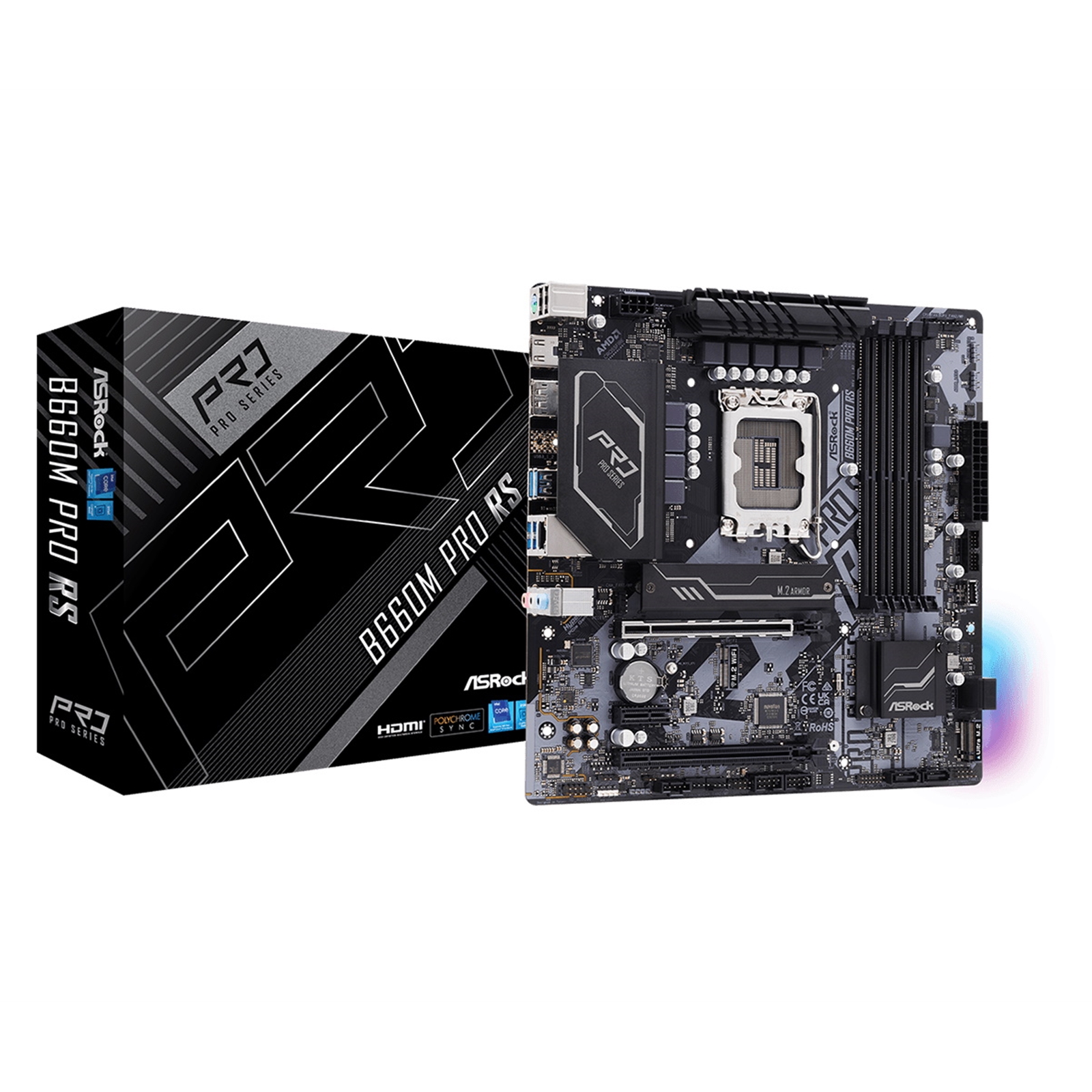 ASRock B660M PRO ASRock B660M PRO RS Motherboard, Intel Socket 1700, 12th Gen, DDR4, Micro ATX, USB 3.2 Gen1, Intel Gigabit LAN, RGB, HDMI, DisplayPort - Image 1