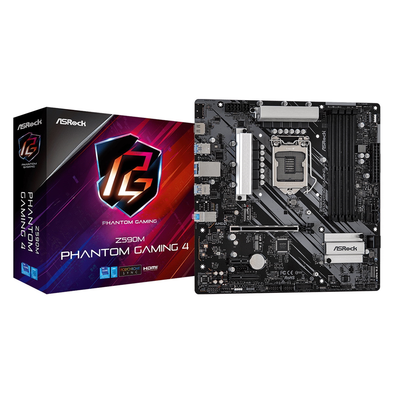 ASRock Z590M Phantom Gaming 4 ASRock Z590M Phantom Gaming 4 Intel Socket 1200 Micro ATX HDMI USB 3.2 Gen2 Motherboard - Image 1
