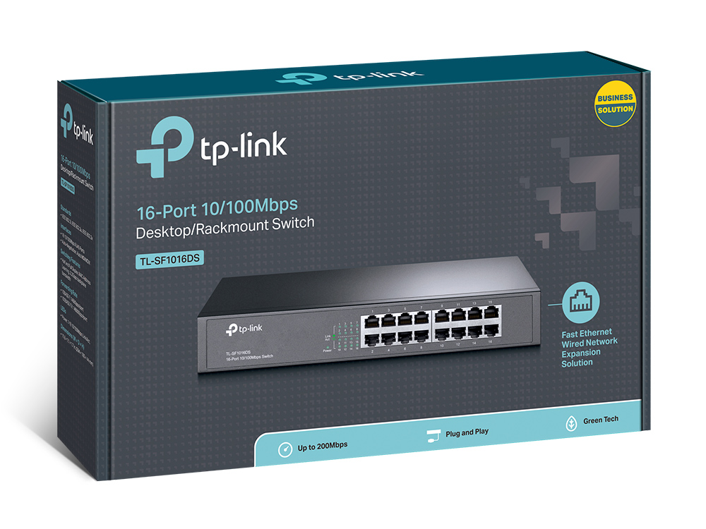 TP-LINK (TL-SF1016DS) TP-LINK (TL-SF1016DS) 16-Port 10/100Mbps Unmanaged Rackmount Switch, 13-inch Steel Case - Image 1