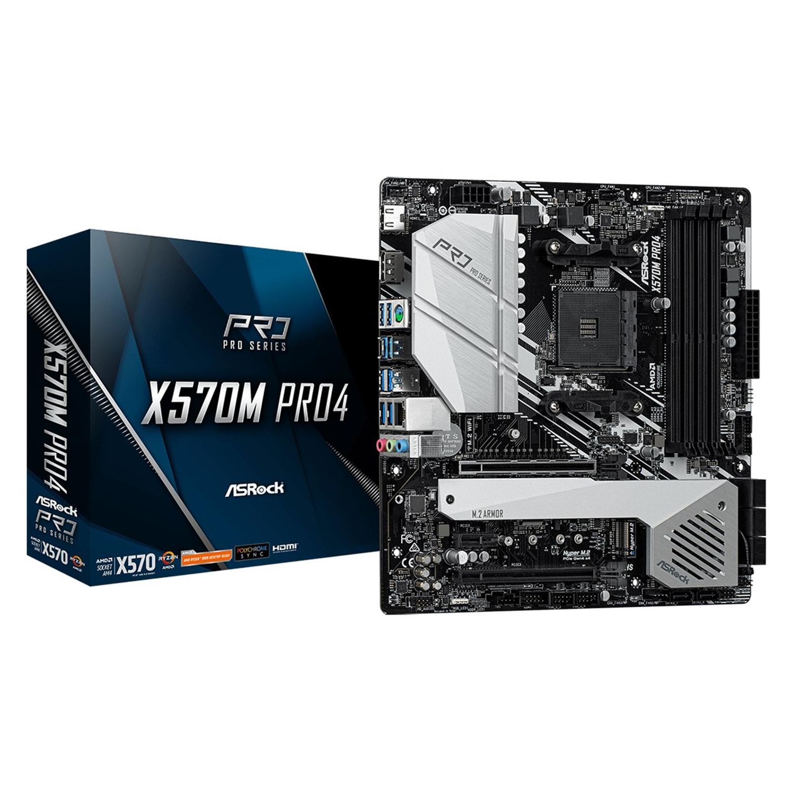 ASRock X570M PRO4 ASRock X570M PRO4 AMD Socket AM4 Micro ATX DDR4 HDMI/DisplayPort Dual M.2 USB C 3.2 Motherboard - Image 1