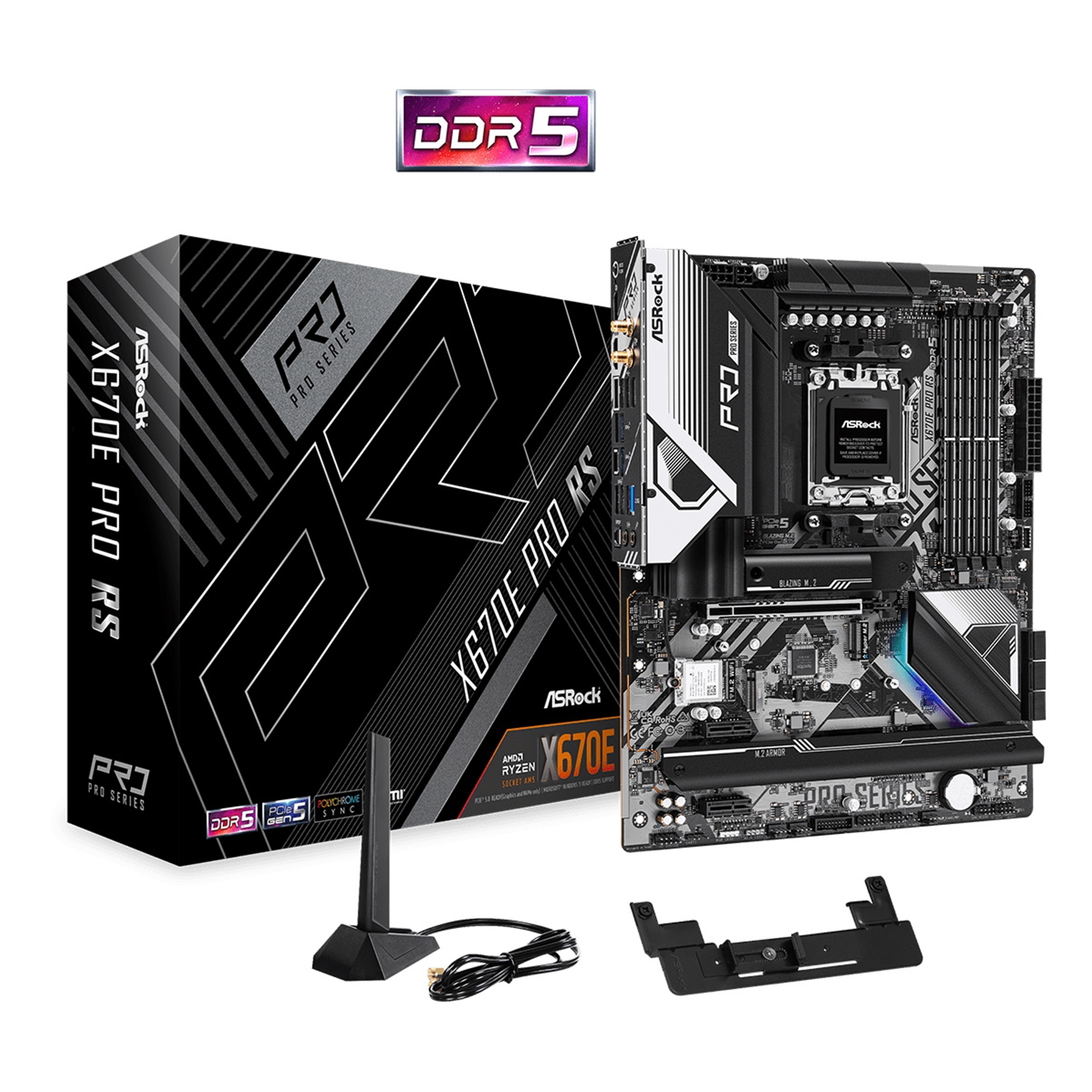 ASRock X670E Pro RS ASRock X670E Pro RS Motherboard, AMD Socket AM5, 4x DDR5 DIMMs, ATX, PCIe 5.0 x16, Blazing M.2 PCIe Gen5x4, USB 3.2 Type-C, Realtek 2.5G LAN, 802.11ax Wi-Fi 6E - Image 1