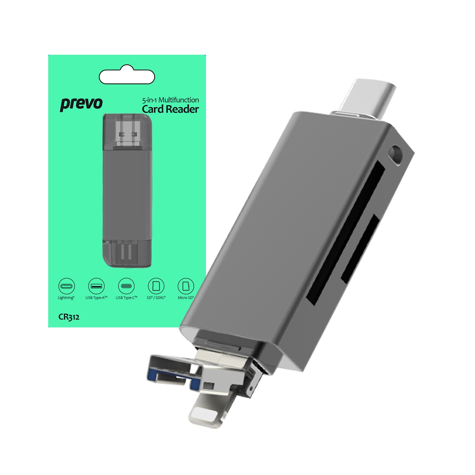 Prevo CR312 Prevo CR312 USB 2.0, USB Type-C and Lightning Connection, Card Reader, High-speed Memory Card Adapter Supports SD/Micro SD/TF/SDHC/SDXC/MMC, Compatible with Windows, Mac OS and Android - Image 1