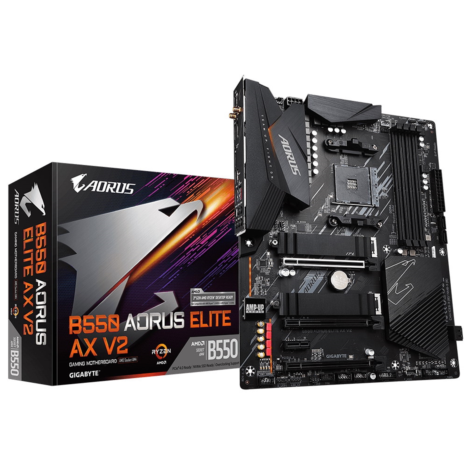 Gigabyte B550 AORUS ELITE Gigabyte B550 AORUS ELITE AX V2 AMD Socket AM4 ATX HDMI/DIsplayPort WiFi 6 M.2 RGB USB 3.2 Type-C Motherboard - Image 1