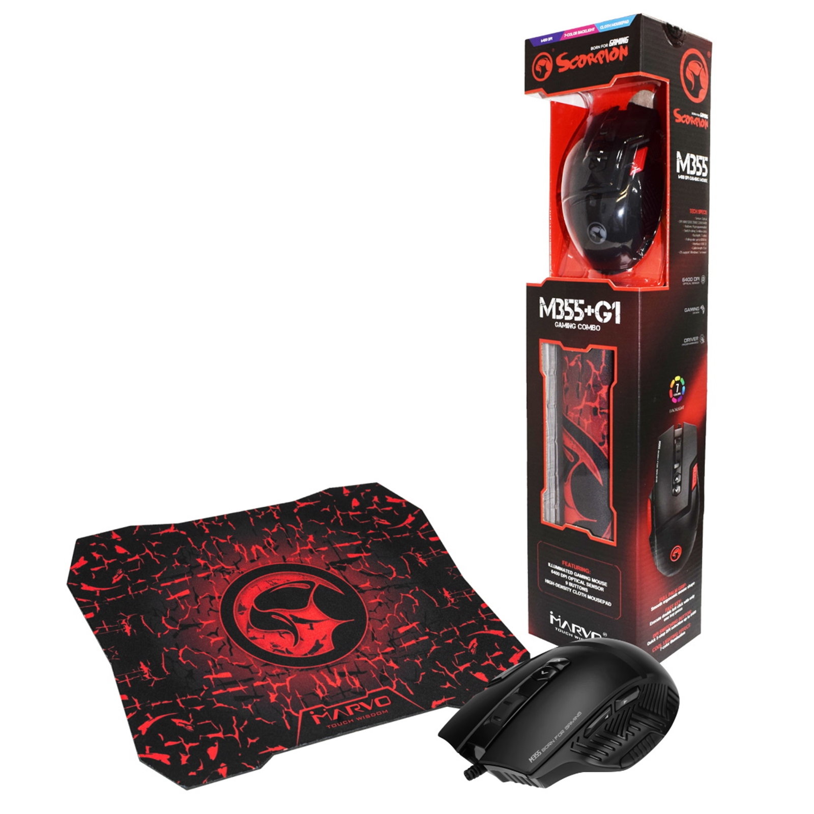 MIMAR-M355-G1 Marvo Scorpion M355 Gaming Mouse and G1 Mouse Pad, USB, Ergonomic design with 7 Colour LED, 5 Adjustable levels up to 6400 DPI, Gaming Grade Optical Sensor with 9 Programmable Buttons - Image 1