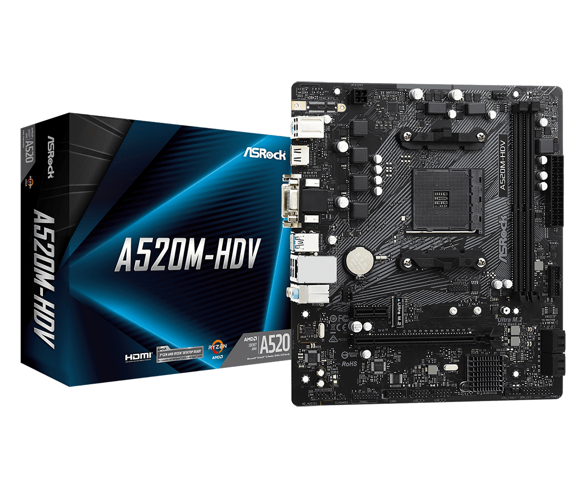 Asrock A520M-HDV Asrock A520M-HDV, AMD A520, AM4, Micro ATX, 2 DDR4, VGA, DVI, HDMI, M.2 - Image 1