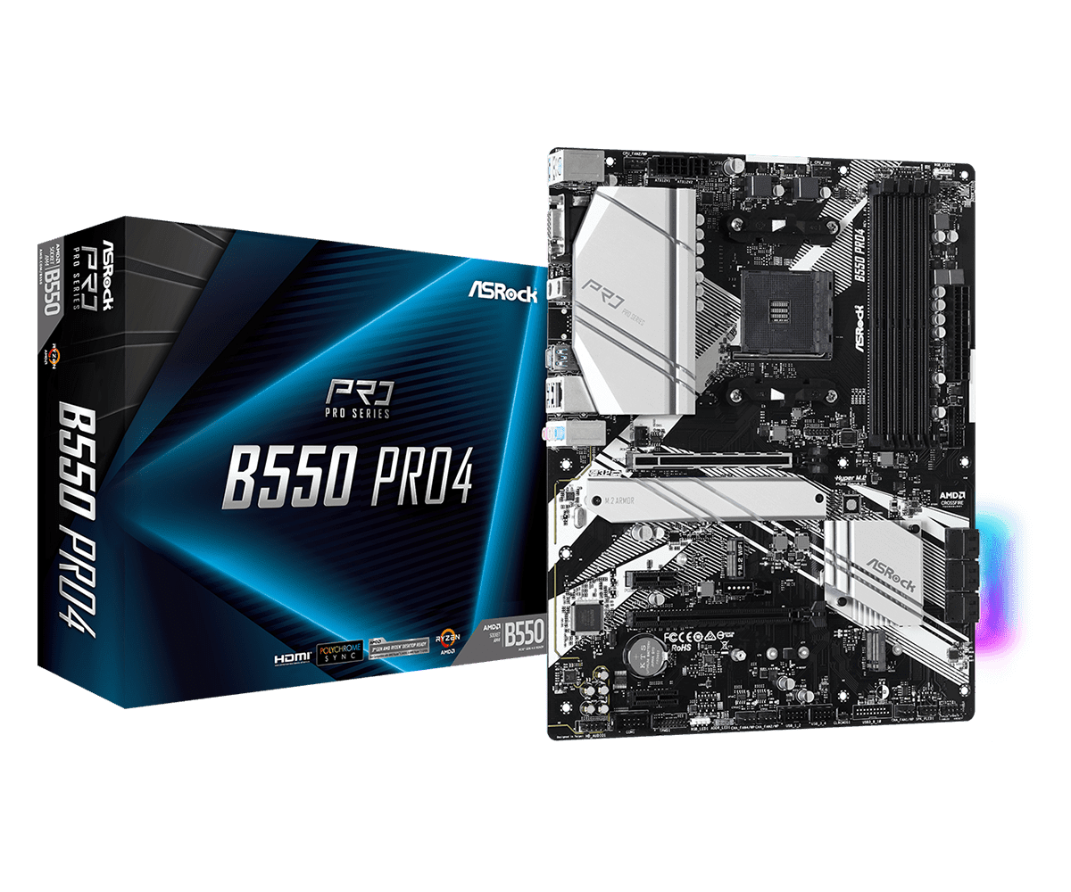 Asrock B550 PRO4 Asrock B550 PRO4, AMD B550, AM4, ATX, 4 DDR4, VGA, HDMI, XFire, PCIe4, RGB Lighting, M.2 - Image 1