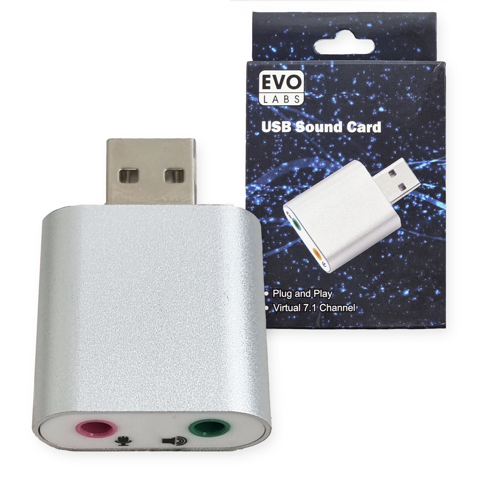 Evo Labs sound card Evo Labs Plug and Play External USB Virtual 7.1 Channel Audio Sound Card Adapter, 3.5mm Headset Convertor & DAC - Image 1