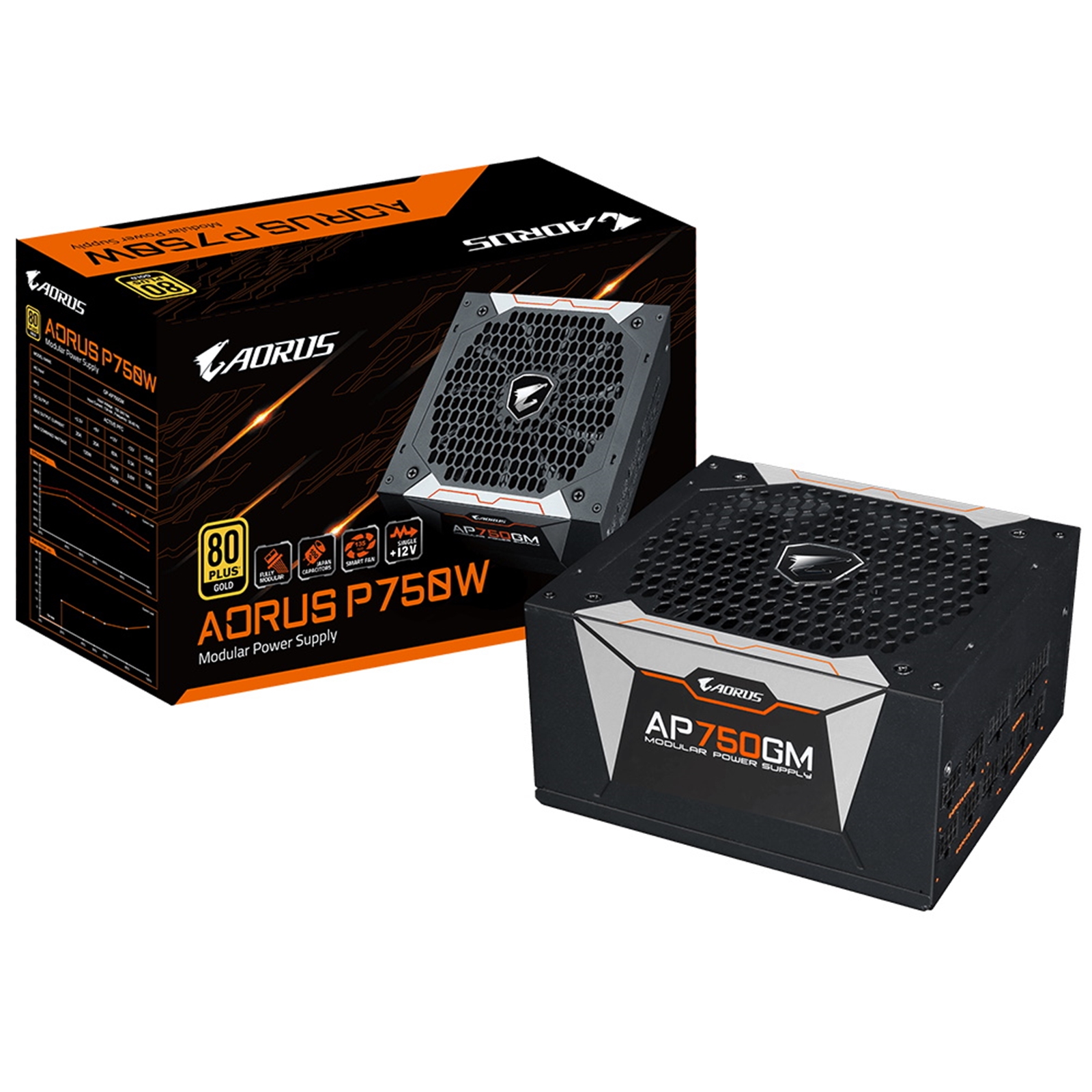GIGABYTE AORUS P750W GIGABYTE AORUS P750W 750W PSU, 135mm Smart 2 Ball Bearing Fan, 80 PLUS Gold, Fully Modular - Image 1