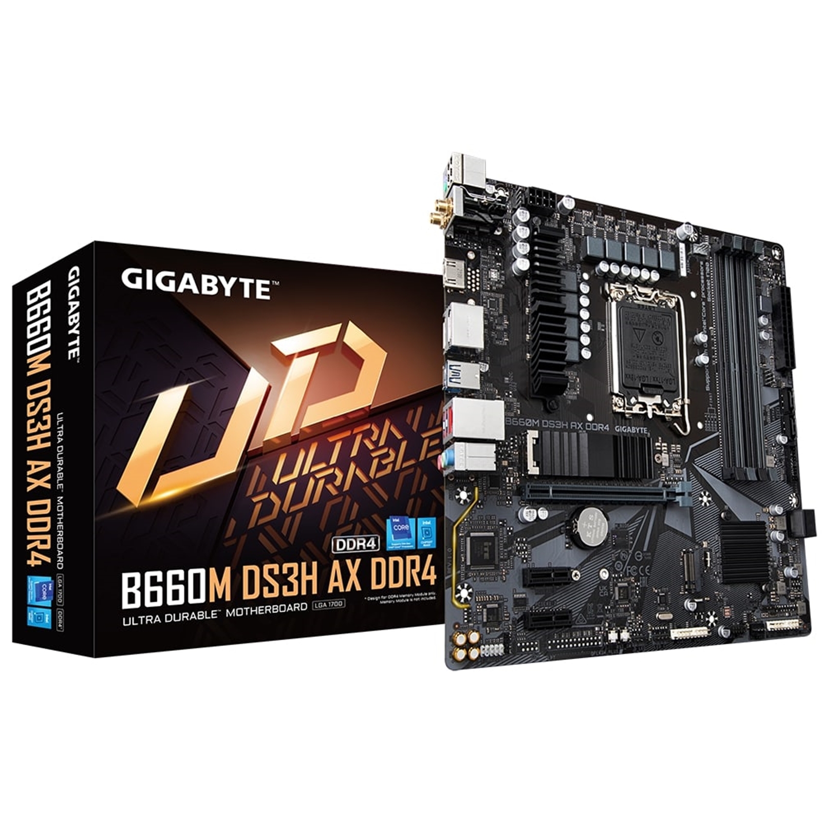 Gigabyte B660M DS3H Gigabyte B660M DS3H AX DDR4 Motherboard, Intel Socket 1700, 12/13th Gen, Micro ATX, 3 x PCIe 4.0 M.2, 2.5GbE LAN, 802.11ax WiFi 6, USB 3.2 Gen 2 Type-C, RGB FUSION 2.0, Q-Flash Plus - Image 1