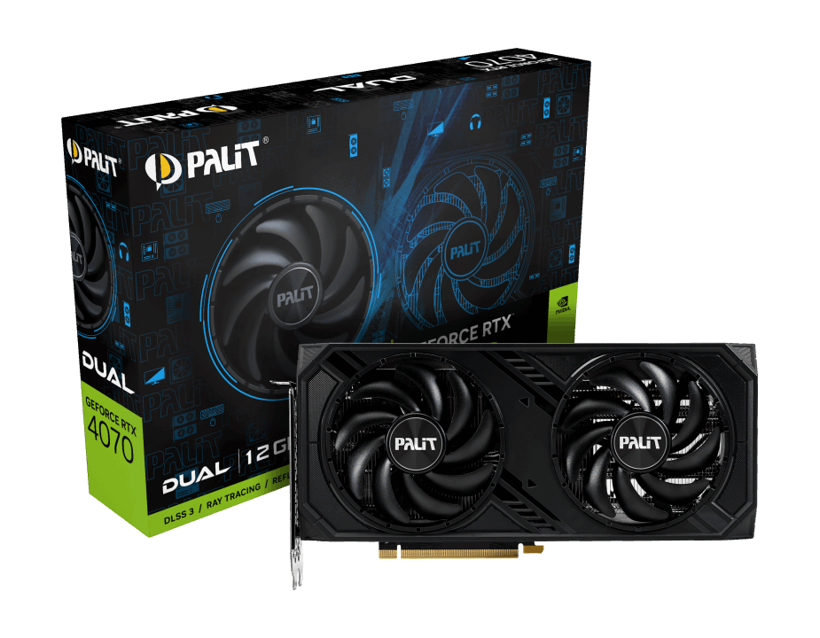 Palit RTX4070 DUAL Palit RTX4070 DUAL, PCIe4, 12GB DDR6X, HDMI, 3 DP, 2475MHz Clock, RGB Lighting - Image 1