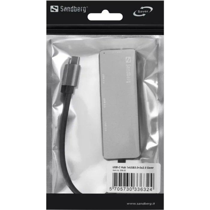 Sandberg External 4-Port USB-A Hub - USB-C Male, 1x USB 3.0, 3x USB 2.0, Aluminium - Image 2