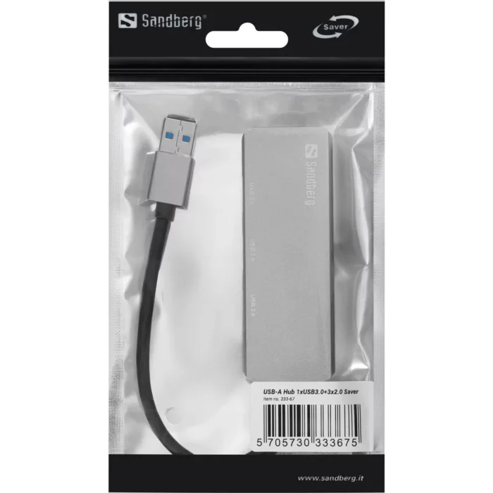 Sandberg External 4-Port USB-A Pocket Hub - USB-A Male, 1 x USB 3.0, 3 x USB 2.0, Aluminium, - Image 2