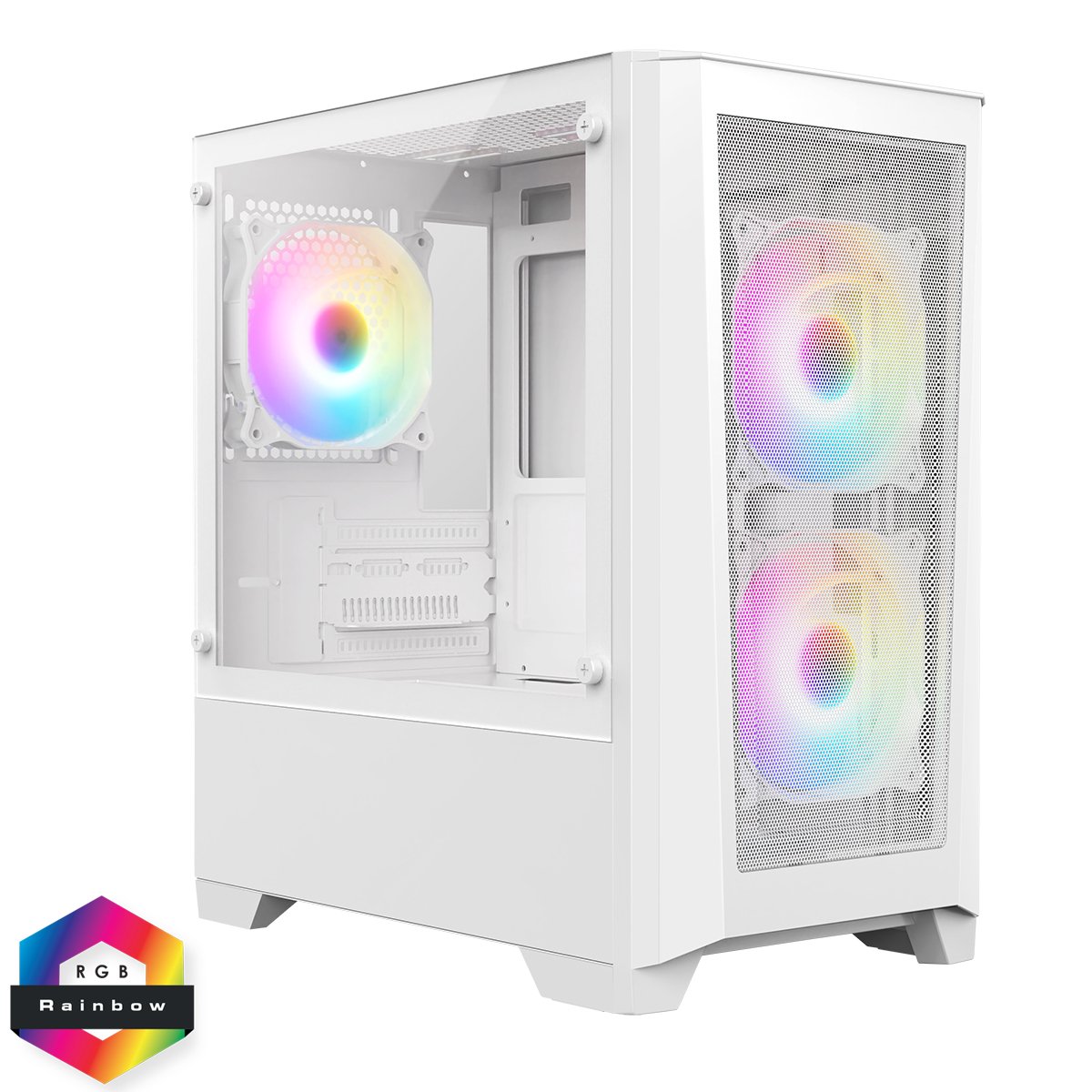 CIT Level 2 White CIT Level 2 White Micro-ATX Mesh PC Gaming Case with 3 x 120mm RGB Rainbow Fans Included - Image 1
