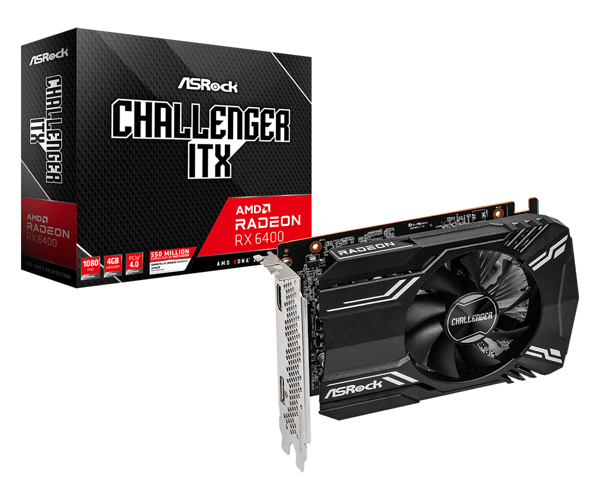 Radeon RX 6400 Challenger ITX 4GB(L1) Asrock RX6400 Challenger ITX 4GB, 4GB DDR6, PCIe4, HDMI, DP - Image 1