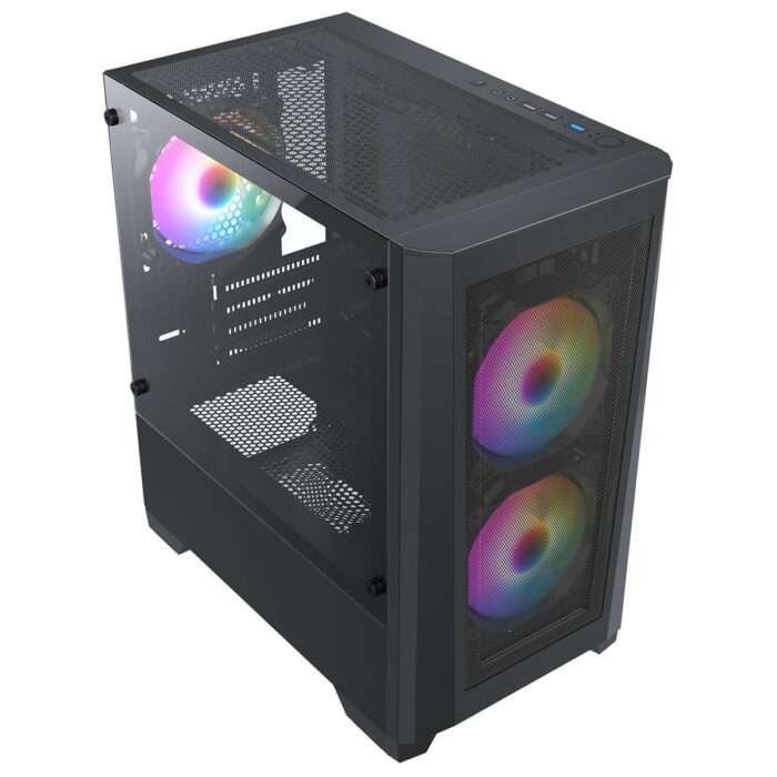 CIT Level 2 Black Micro-ATX Mesh PC Gaming Case with 3 x 120mm RGB Rainbow Fans Included - Image 2