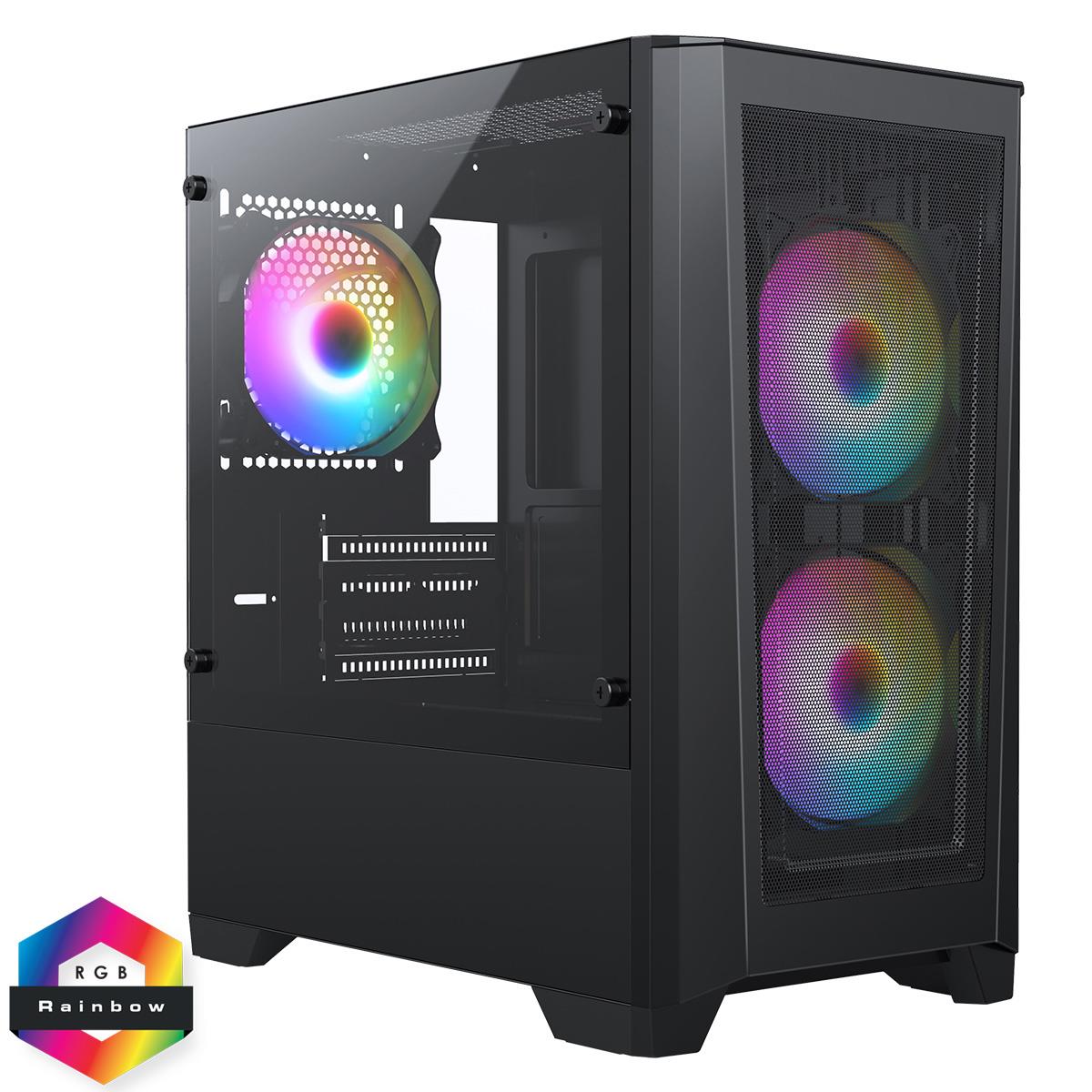 CIT Level 2 Black CIT Level 2 Black Micro-ATX Mesh PC Gaming Case with 3 x 120mm RGB Rainbow Fans Included - Image 1