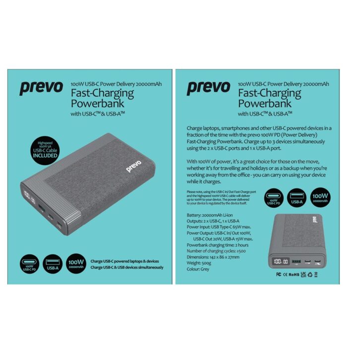 Prevo AD10C 100W USB-C Power Delivery PD 20000mAh Portable Fast-Charging Powerbank with Digital Display - Image 4