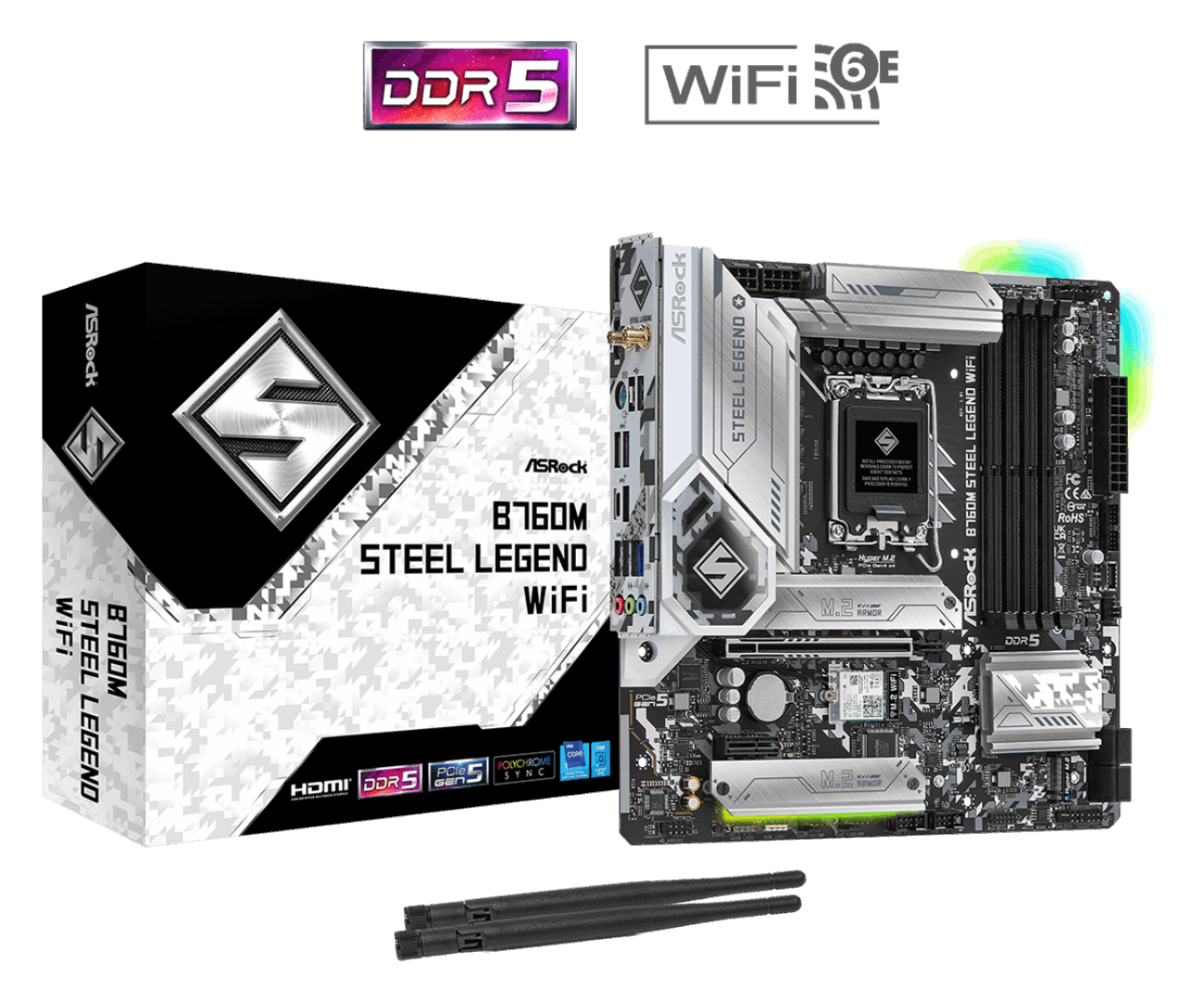 ASRock B760M STEEL LEGEND WiFi ASRock B760M STEEL LEGEND WIFI Intel DDR5 Micro ATX Motherboard - LGA 1700 - Image 1