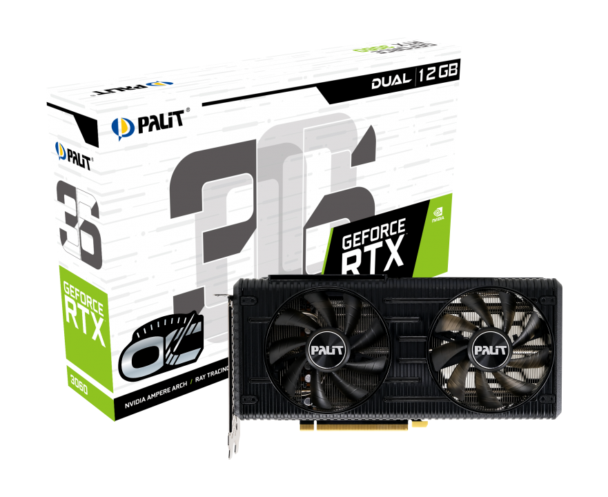 Palit Dual RTX3060 OC Palit Dual RTX3060 OC, PCIe4, 12GB DDR6, 1 HDMI, 3 DP, 1837MHz Clock, RGB Lighting, Overclocked - Image 1