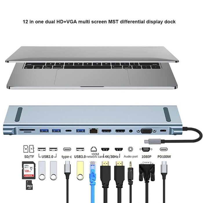 12 in 1 USB-C / Type-C to USB Multifunctional Docking Station HUB Adapter - Image 2