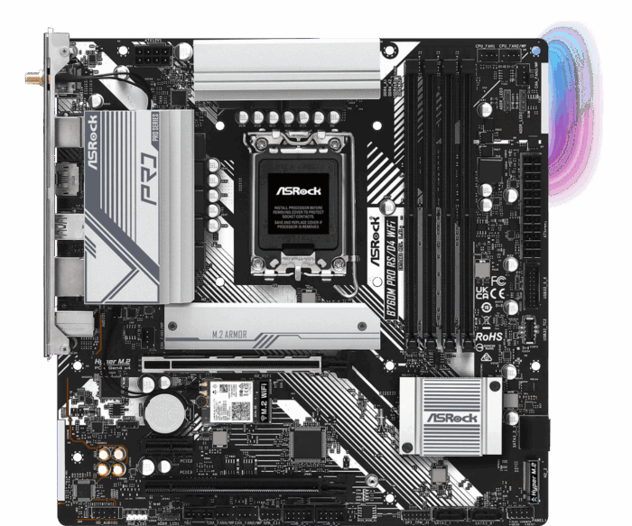 Asrock B760M PRO RS/D4 WIFI, Intel B760, 1700, Micro ATX, 4 DDR4, HDMI, DP, Wi-Fi 6E, 2.5G LAN, PCIe4, 2x M.2, RGB - Image 2