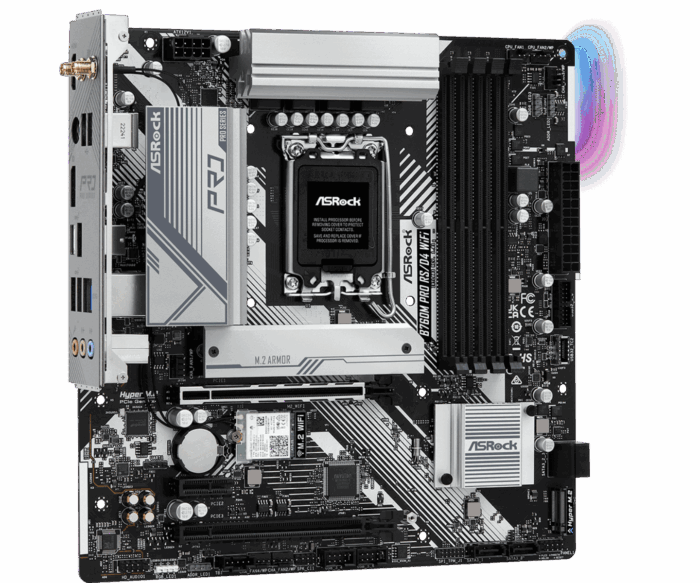 Asrock B760M PRO RS/D4 WIFI, Intel B760, 1700, Micro ATX, 4 DDR4, HDMI, DP, Wi-Fi 6E, 2.5G LAN, PCIe4, 2x M.2, RGB - Image 3