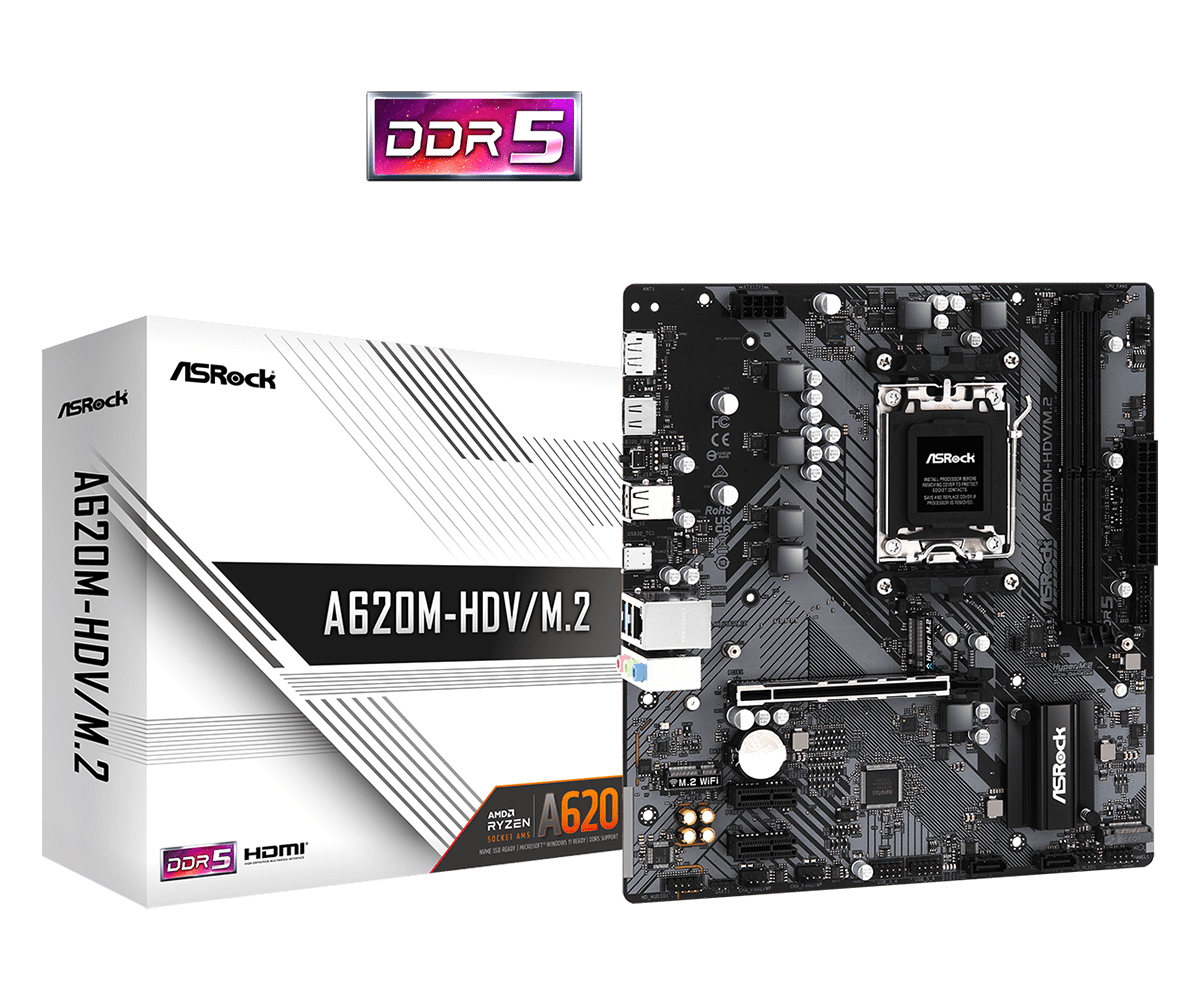 Asrock A620M-HDV M2, Asrock A620M-HDV/M.2, AMD A620, AM5, Micro ATX, 2 DDR5, HDMI, DP, GB LAN, PCIe4, 2x M.2 - Image 1