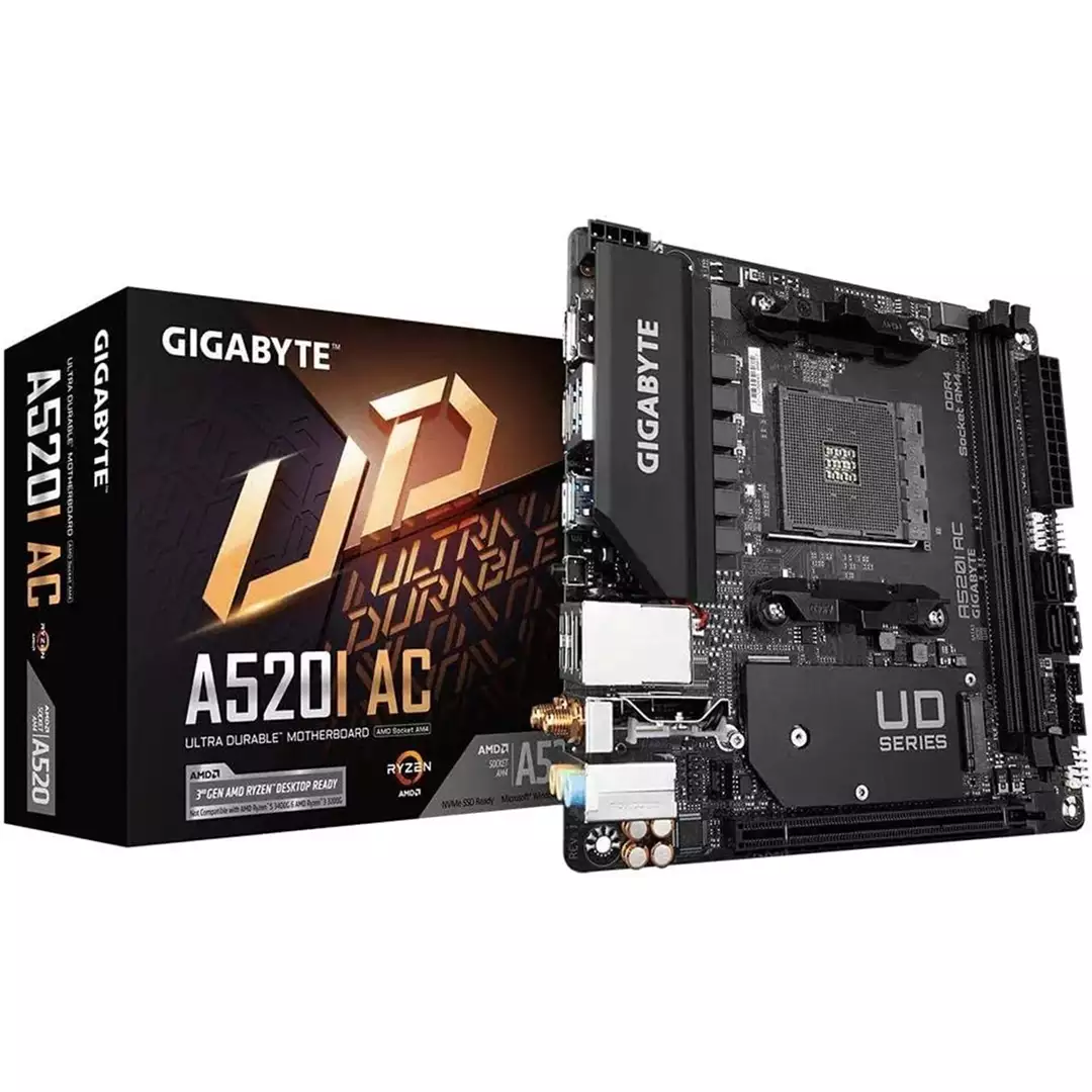 Gigabyte A520I AC Gigabyte A520I AC Ultra Durable AMD AM4 Socket Motherboard, Mini-ITX - Image 1